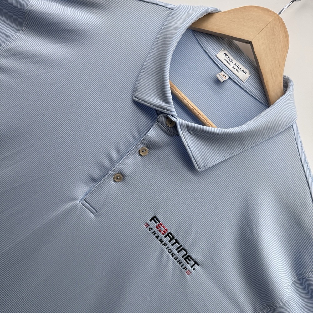Peter Millar Summer Comfort Polo Shirt Mens XXL Blue White Striped Fortinet Golf